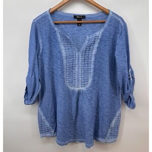 Style & Co Blouse Womens SZ M Blue Tie Die Style Y2K 3/4 Roll Tab Embroidered